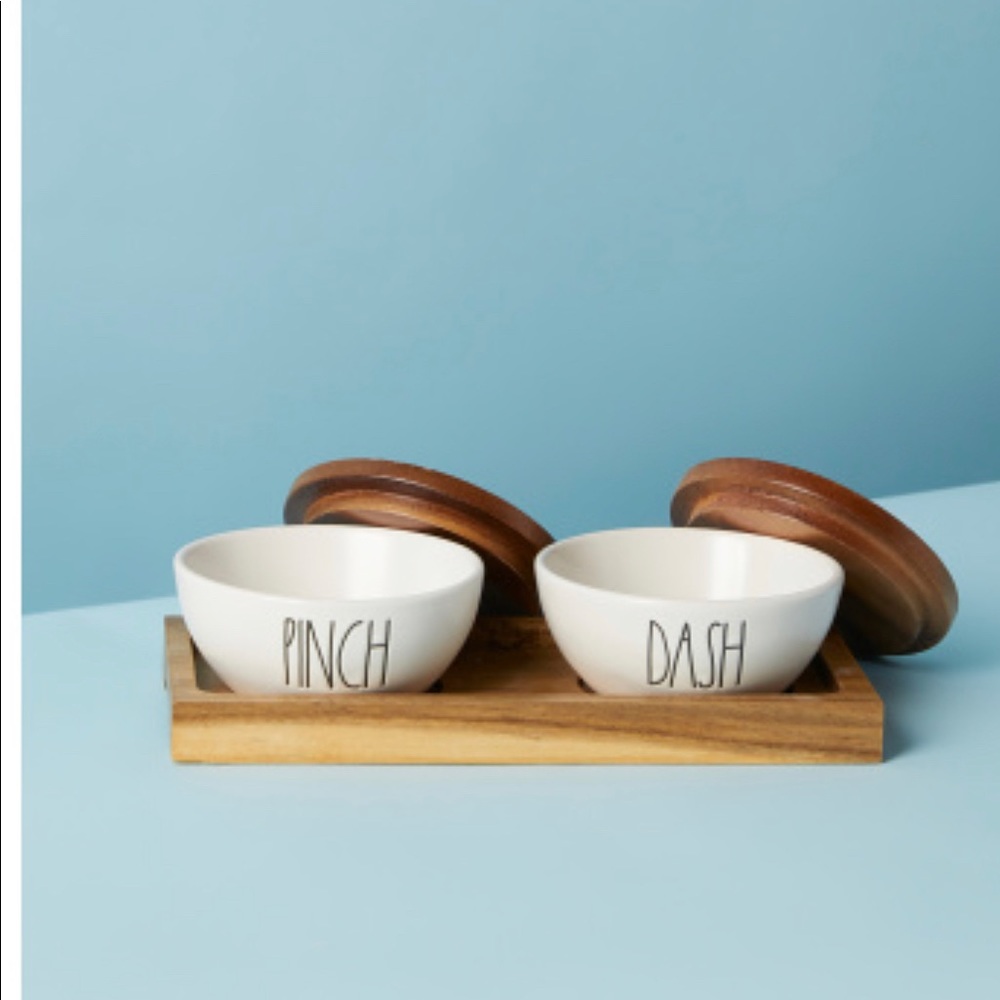 Rae Dunn 3 Piece Pinch & Dash Bowls with Wood Lids and Base